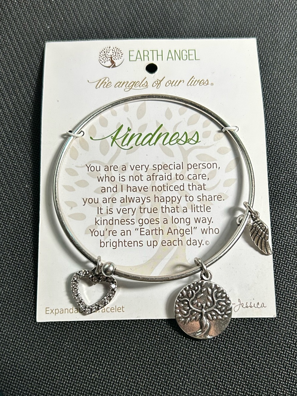 Earth Angel Kindness Silvertone Expandable Charm Bangle Bracelet NWT